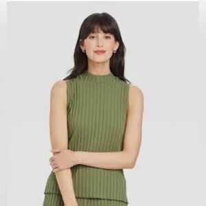High neck ribbed tank in olive green S